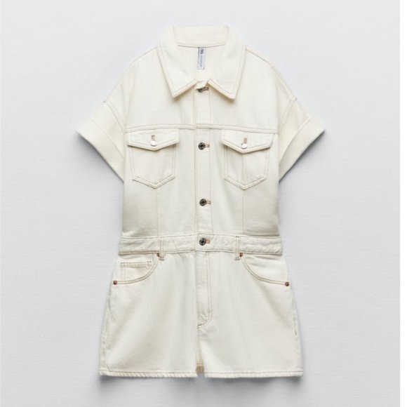 ZARA COLLARED OYSTER WHITE DENIM JUMPSUIT ROMPER - Picture 3 of 8